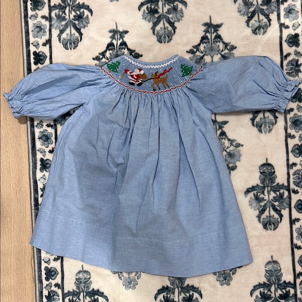 Blue Smocked Dress with Embroidery